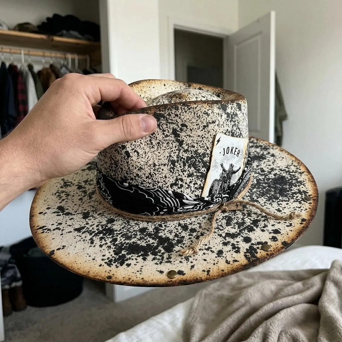 Cream Felt Fedora with Joker Playing Card and Bandana Band