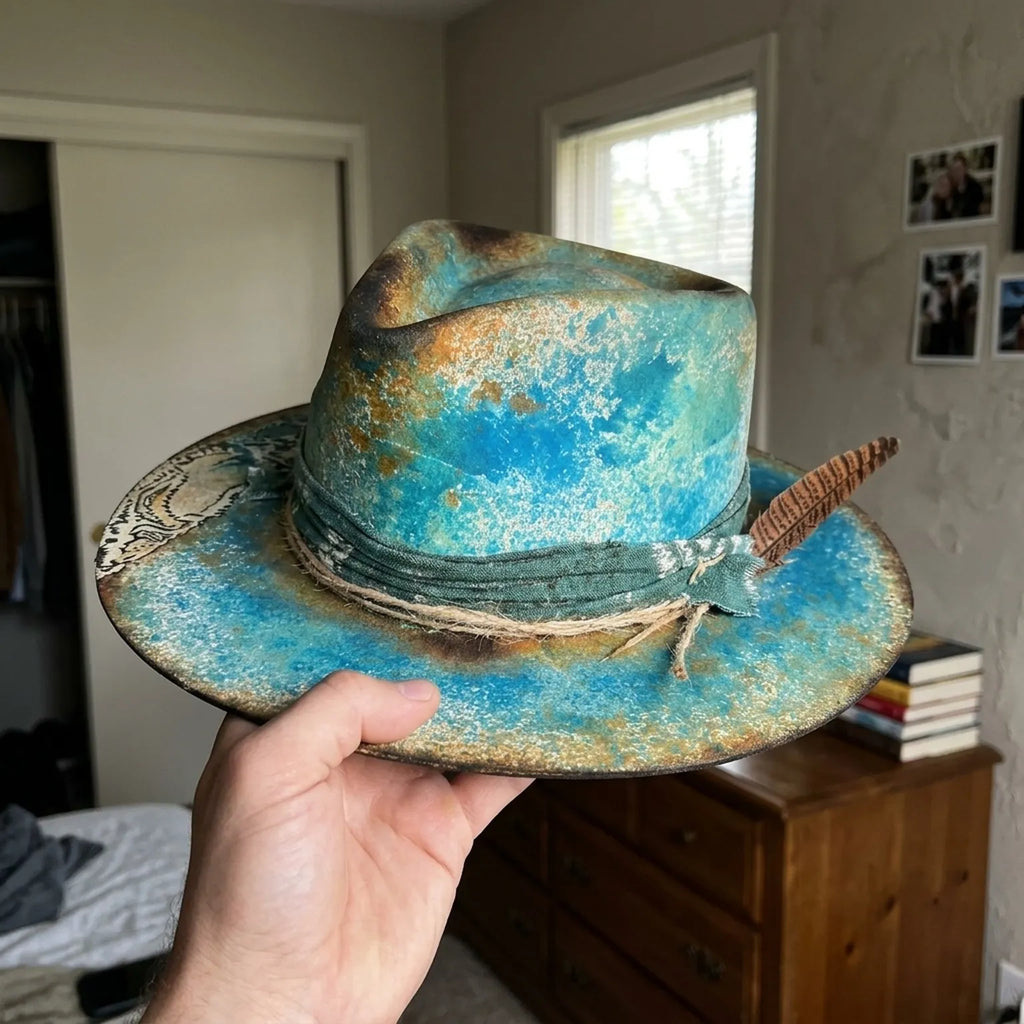 Turquoise Felt Western Hat with Dark Band and Striped Feather