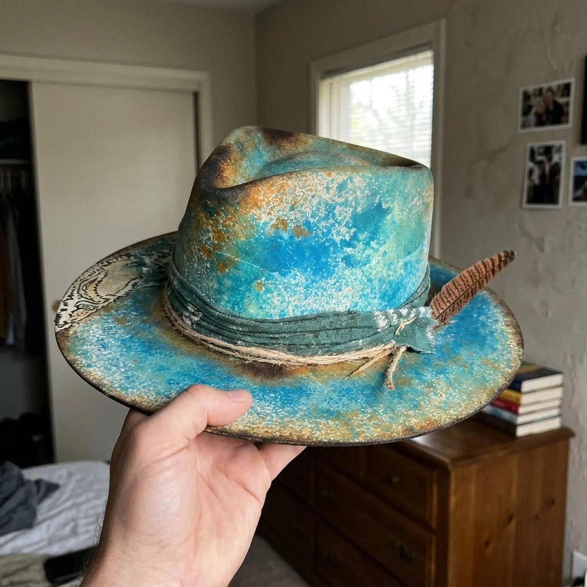 Turquoise Felt Western Hat with Dark Band and Striped Feather