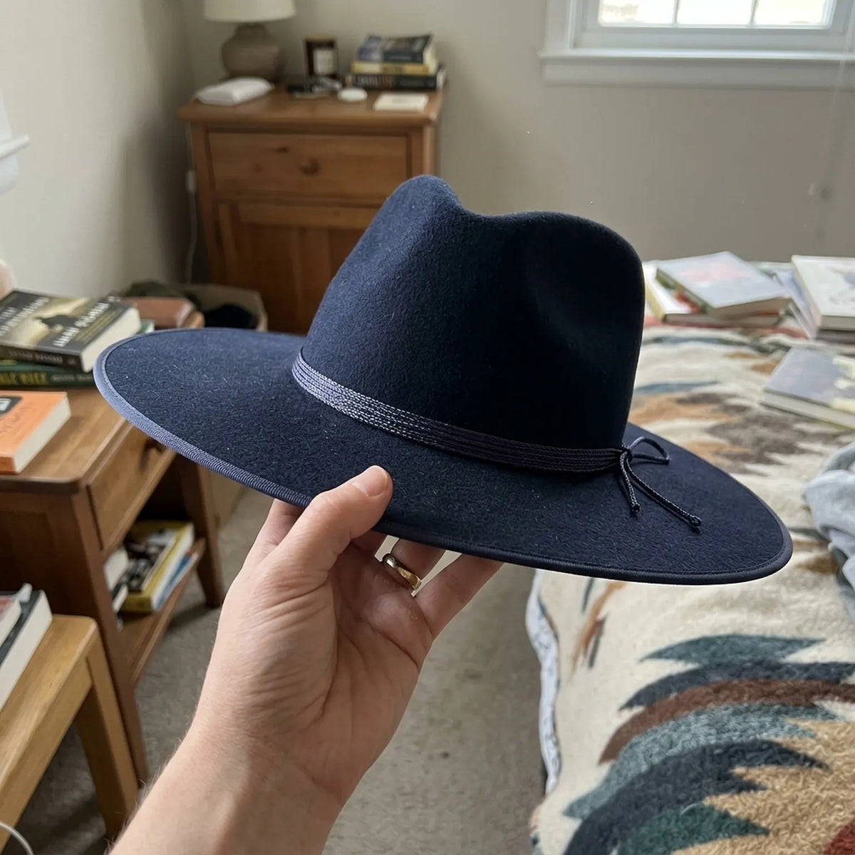 Navy Wool Felt Fedora with Braided Rope Band and Tasseled Trim