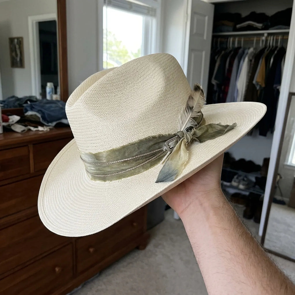 Unisex Cream Wide Brim Sun Hat with Feather and Ribbon Band