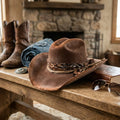 Distressed Brown Cowboy Hat with Paisley Bandana and Jute Rope