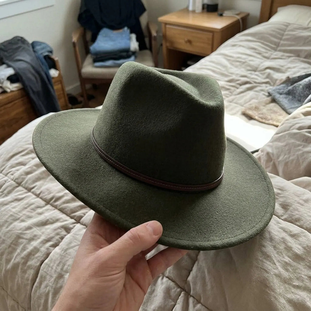 Olive Green Western Felt Hat with Stitched Leather Band