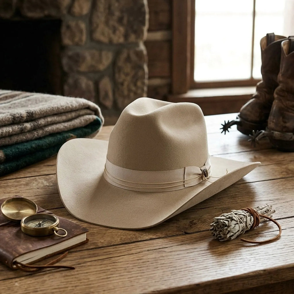 Unisex Cream Cowboy Hat with Ribbon Chin Cord
