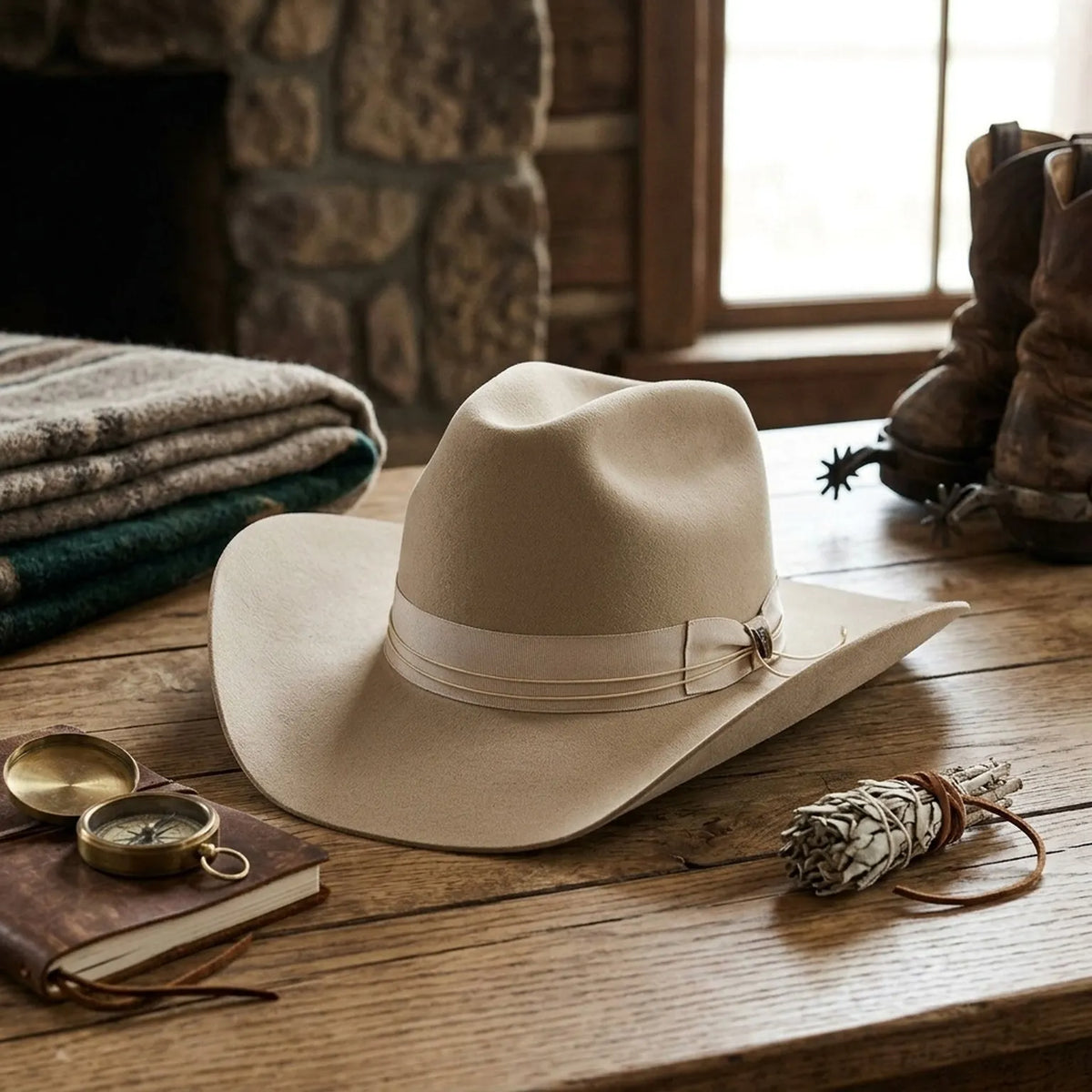Unisex Cream Cowboy Hat with Ribbon Chin Cord