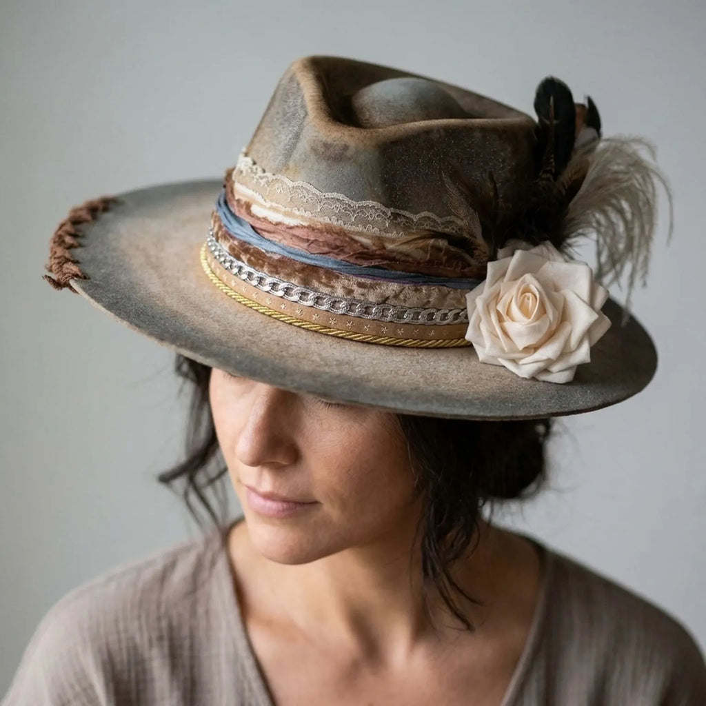 Distressed Gray Tan Felt Western Hat Cream Rose Lace Trim