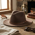 Brown Wool Felt Fedora with Tan Leather Band, Classic Teardrop Shape