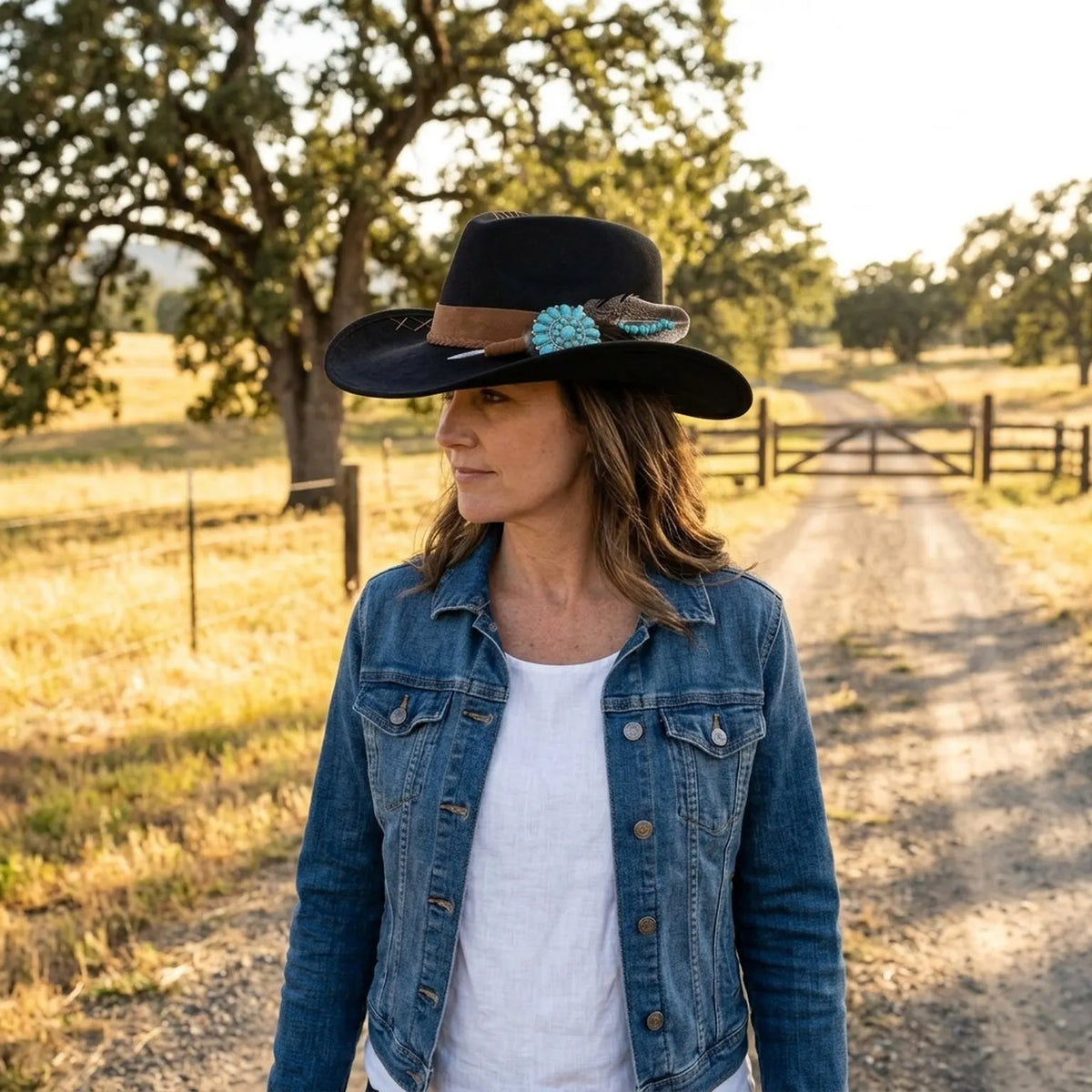 Black Felt Cowboy Hat Turquoise Concho Feather Western