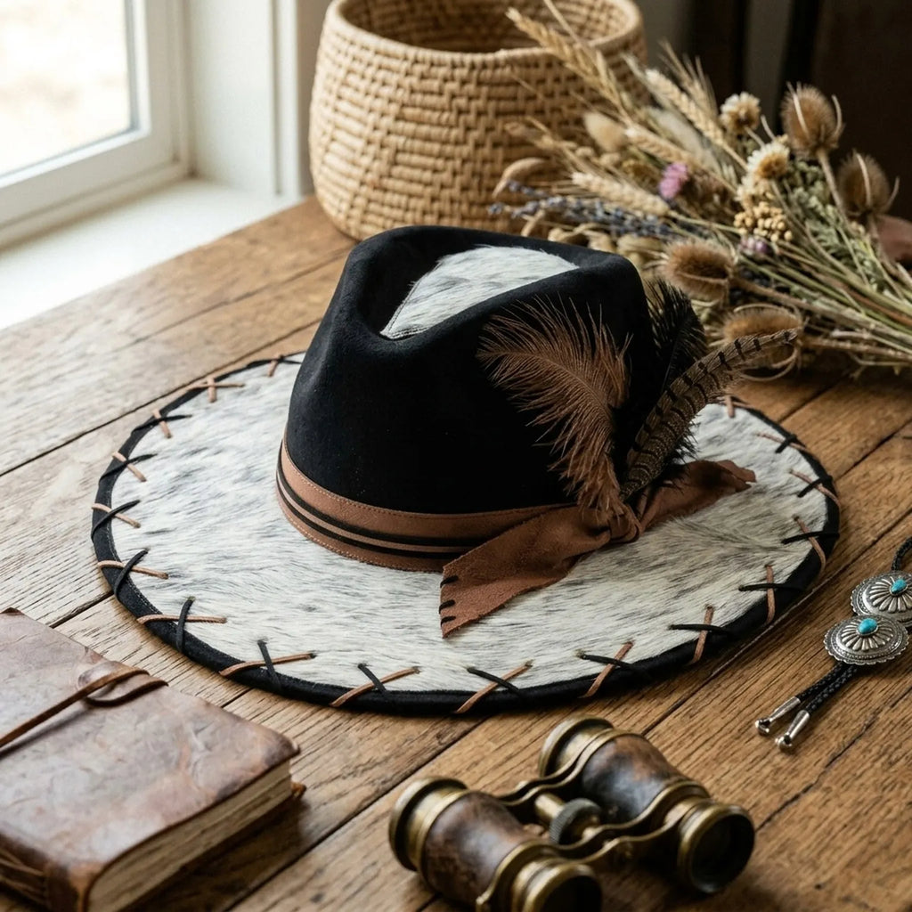 Black Felt Western Hat Cowhide Brim Brown Feather Trio