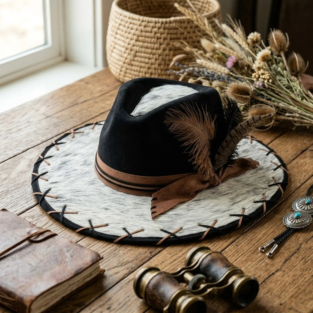 Black Felt Western Hat Cowhide Brim Brown Feather Trio