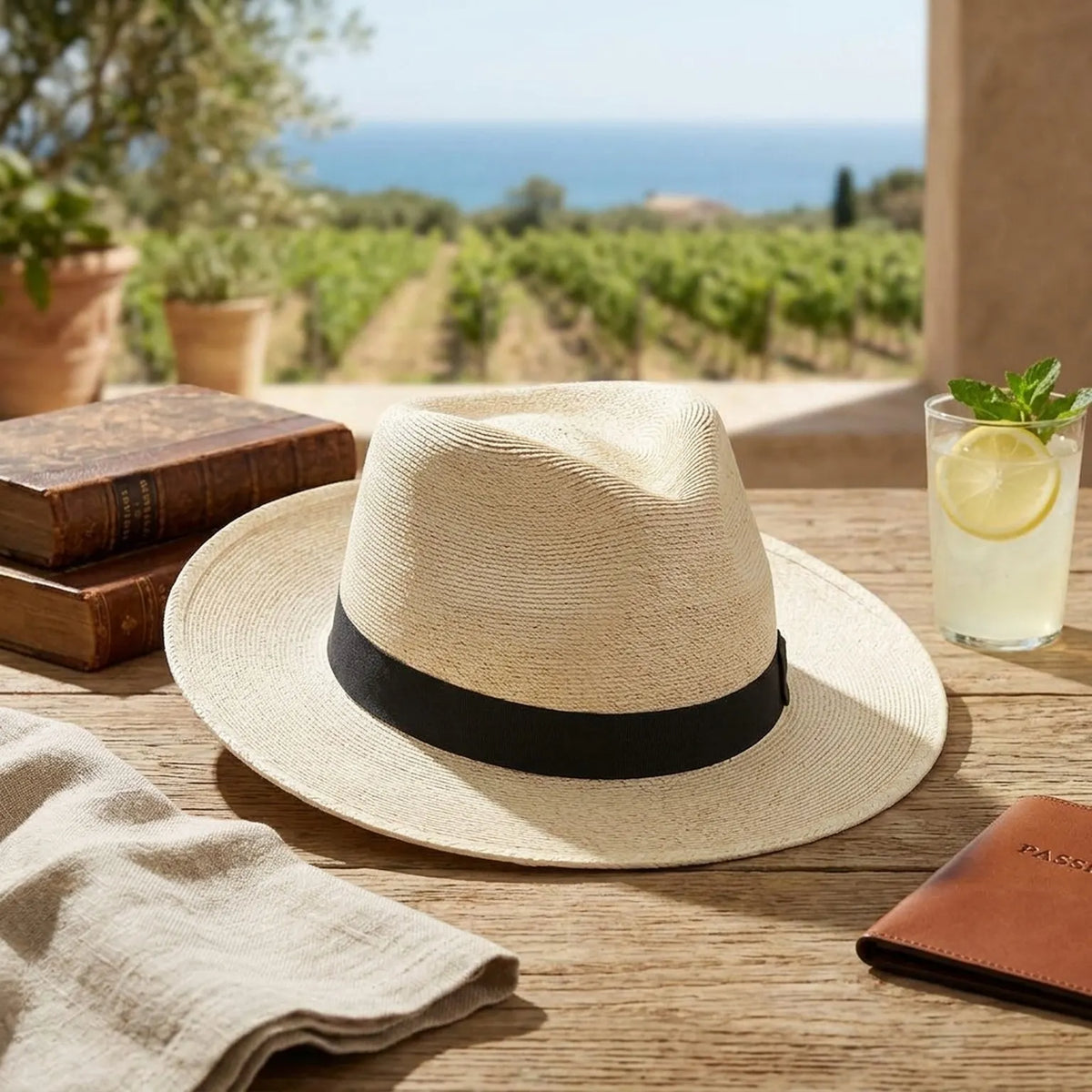Off White Straw Fedora with Black Grosgrain Band, Classic Summer