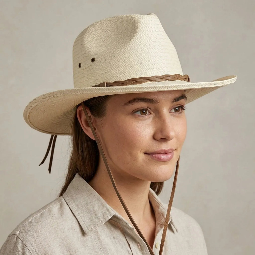 White Straw Fedora Hat with Braided Leather Band and Wide Brim
