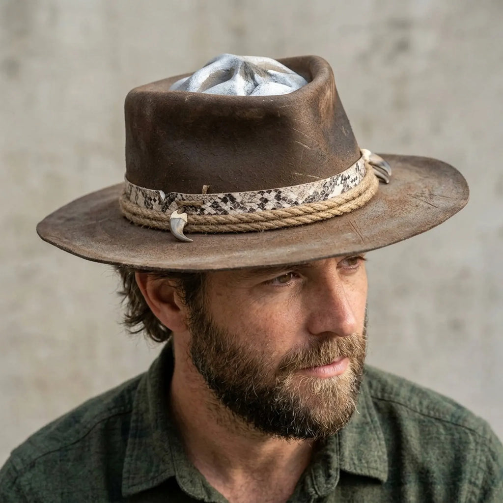 Distressed Brown Leather Western Hat with Snake Band Teeth