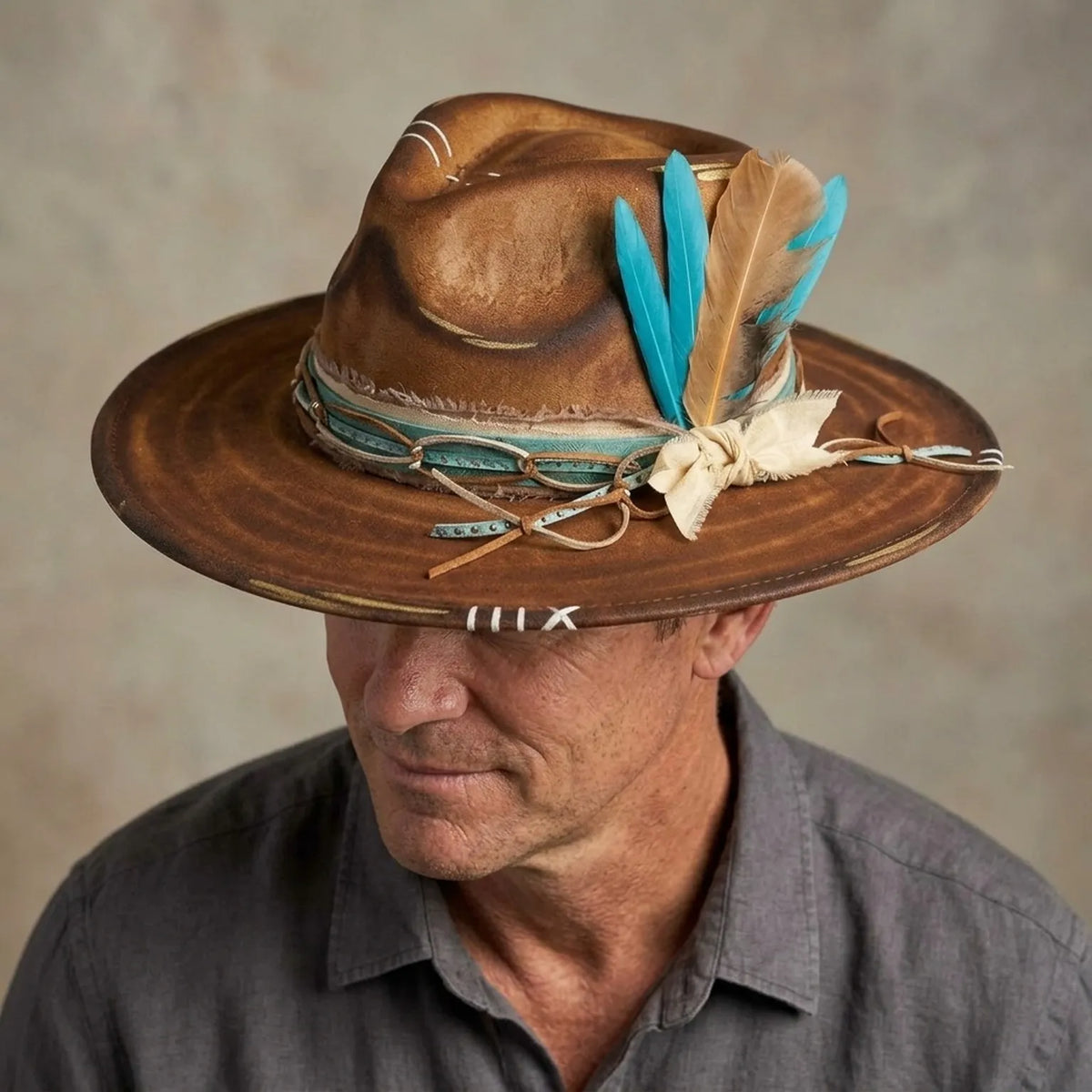Distressed Brown Wool Felt Western Hat with Turquoise Feather Accents