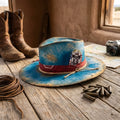 Bright Blue Felt Western Hat with Burgundy Band and Skull Card