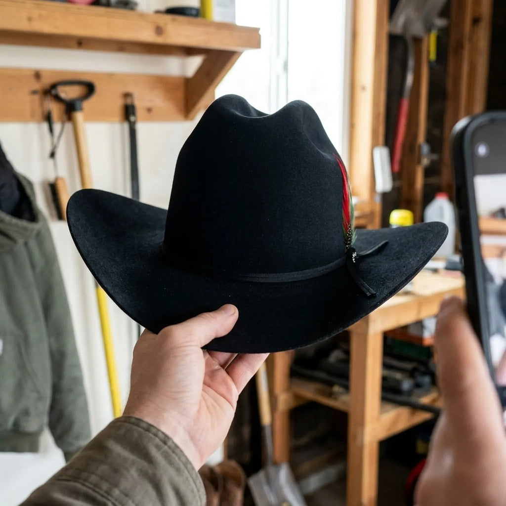 Black Wool Felt Cowboy Hat with Ribbon Band and Feather Detail