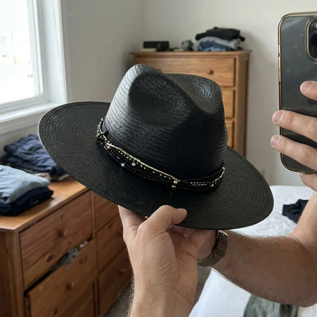 Unisex Black Straw Sun Hat with Beaded Band and Wide Brim