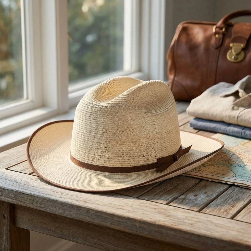 Cream Straw Western Hat with Brown Trim and Ribbon Band