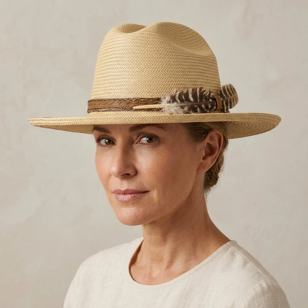 Handwoven Panama Hat With Feather and Leather Band