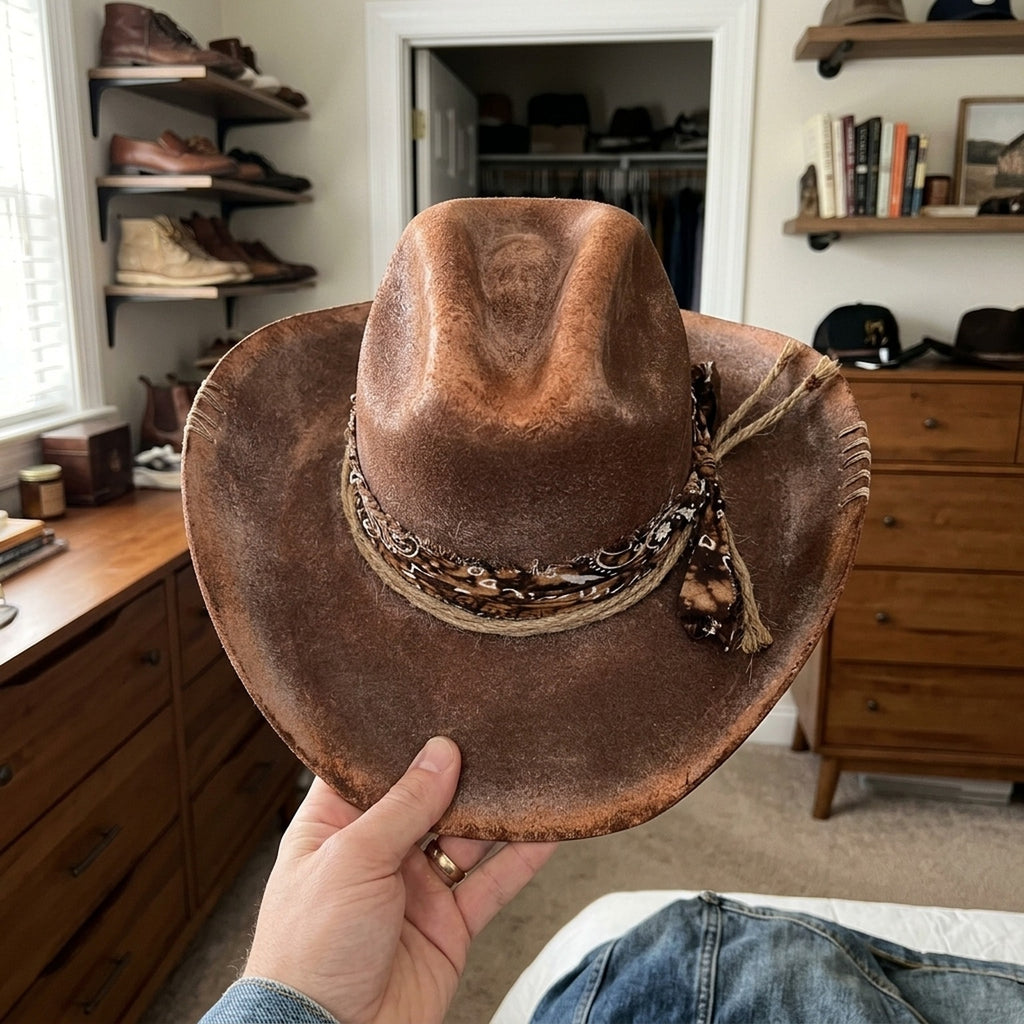Distressed Brown Cowboy Hat with Paisley Bandana and Jute Rope