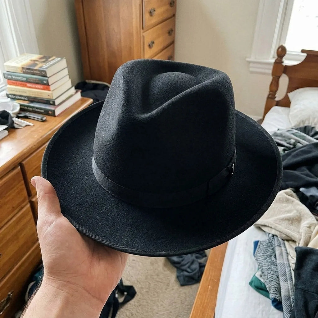 Black Felt Fedora with Grosgrain Band and Feather Accent