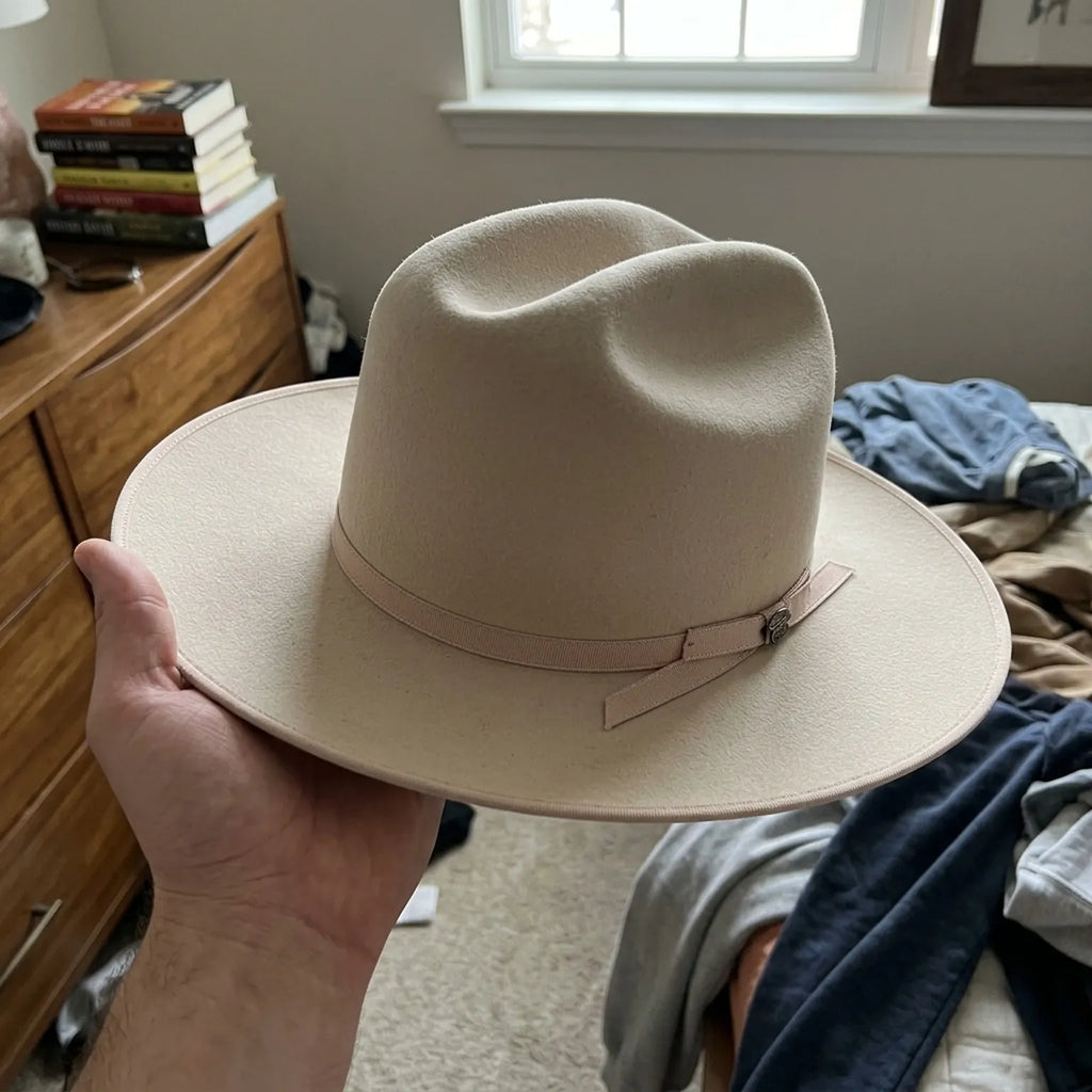 Ivory Wool Felt Western Hat with Band Strap and Pin