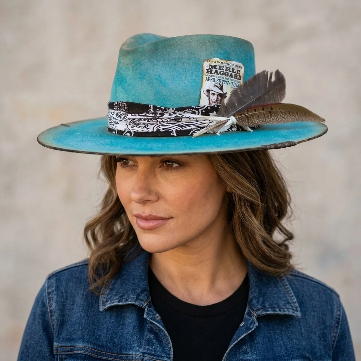 Teal Felt Western Hat with Concert Card Tuck and Feathers