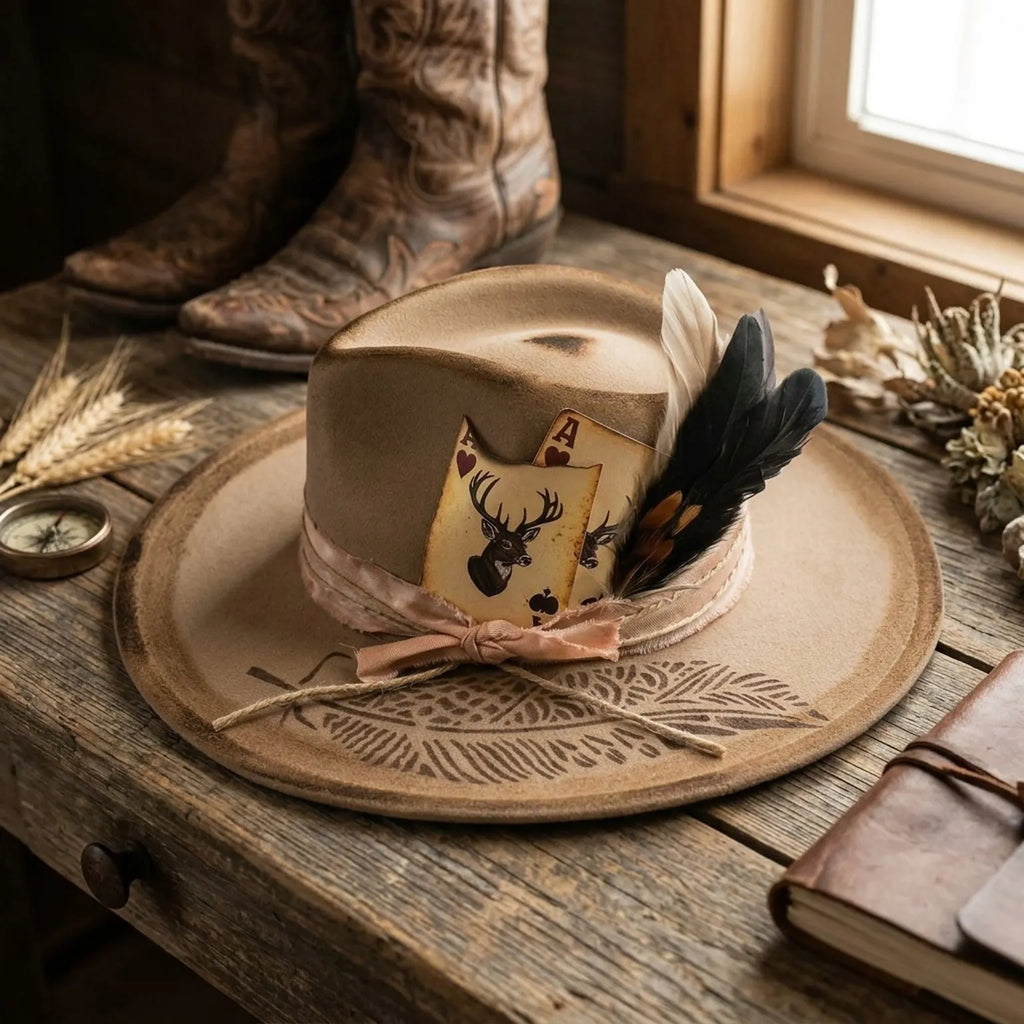 Tan Felt Western Hat With Playing Cards Feathers And Etched Brim