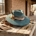 Teal Distressed Felt Fedora with Burlap Wrap and Barbed Wire