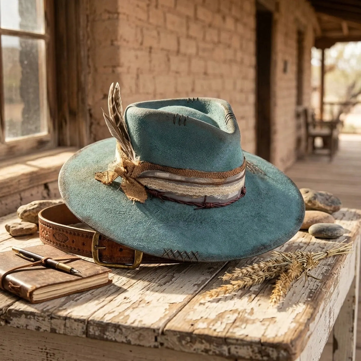 Teal Distressed Felt Fedora with Burlap Wrap and Barbed Wire