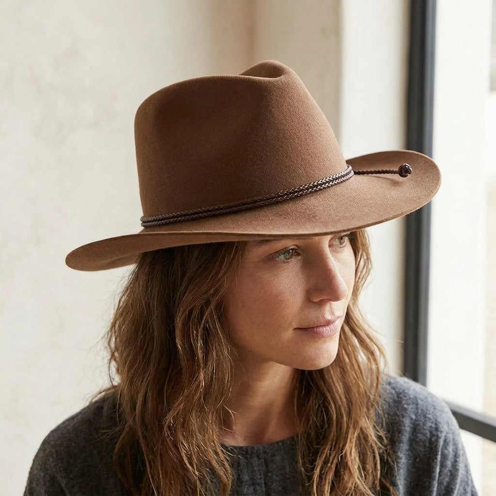 Camel Wool Felt Cowboy Hat with Braided Rope Tassel Band