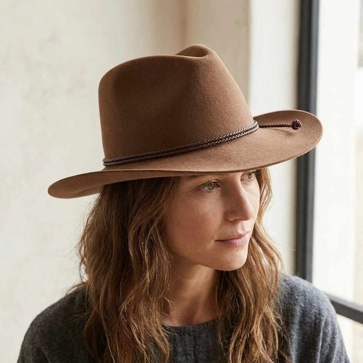Camel Wool Felt Cowboy Hat with Braided Rope Tassel Band