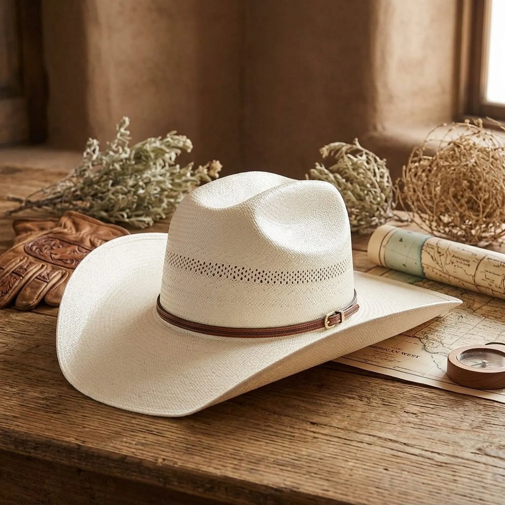 Unisex White Straw Cowboy Hat with Perforated Crown Band