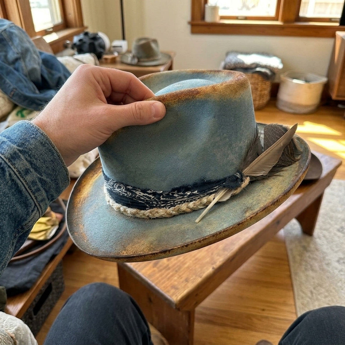 Vintage Teal Fedora with Paisley Band and Feather Detail