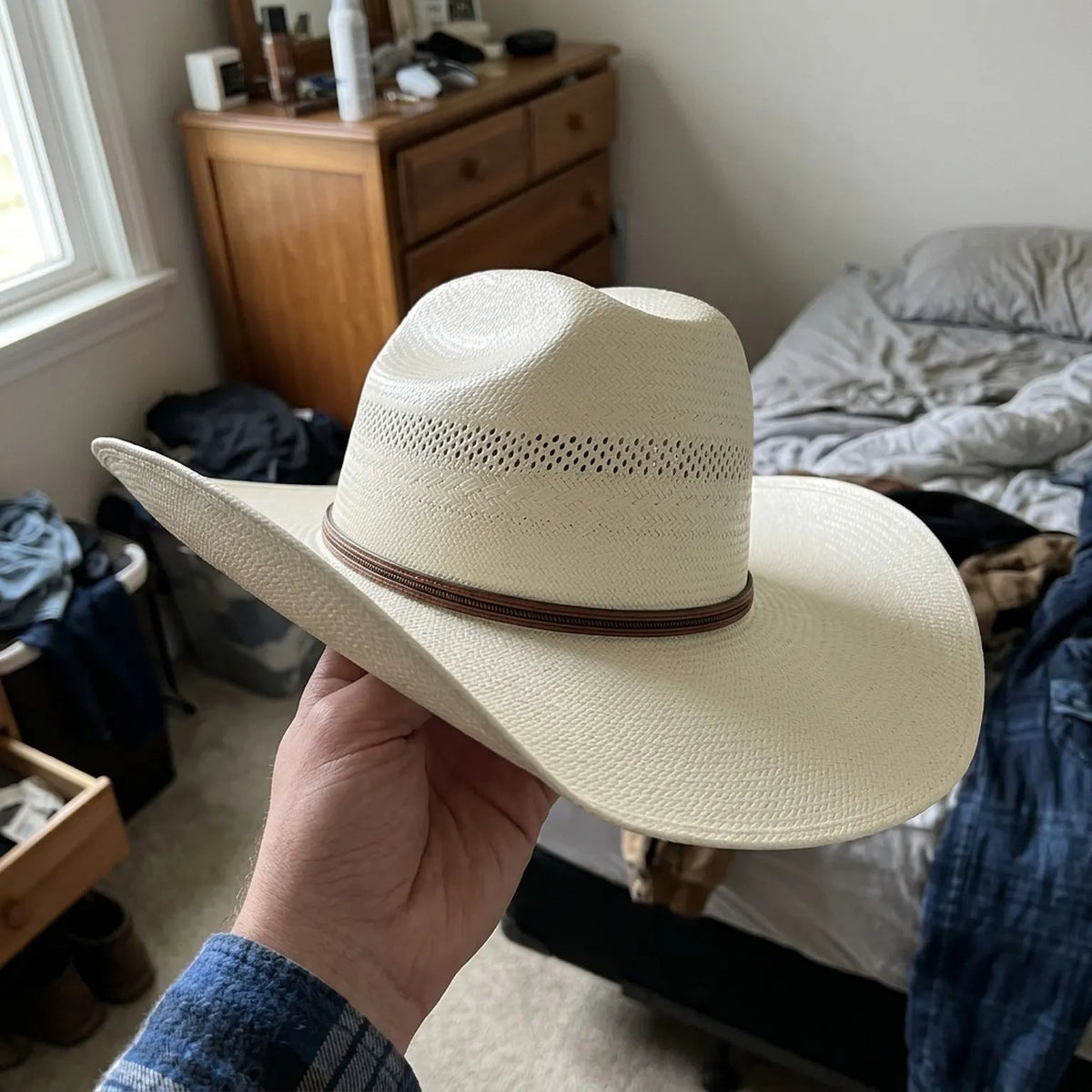 Unisex White Straw Cowboy Hat with Perforated Crown Band