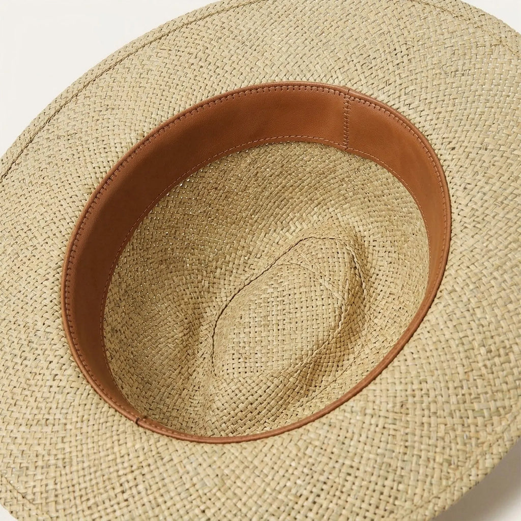 Natural Basket Weave Straw Sun Hat with Chevron Leather Band