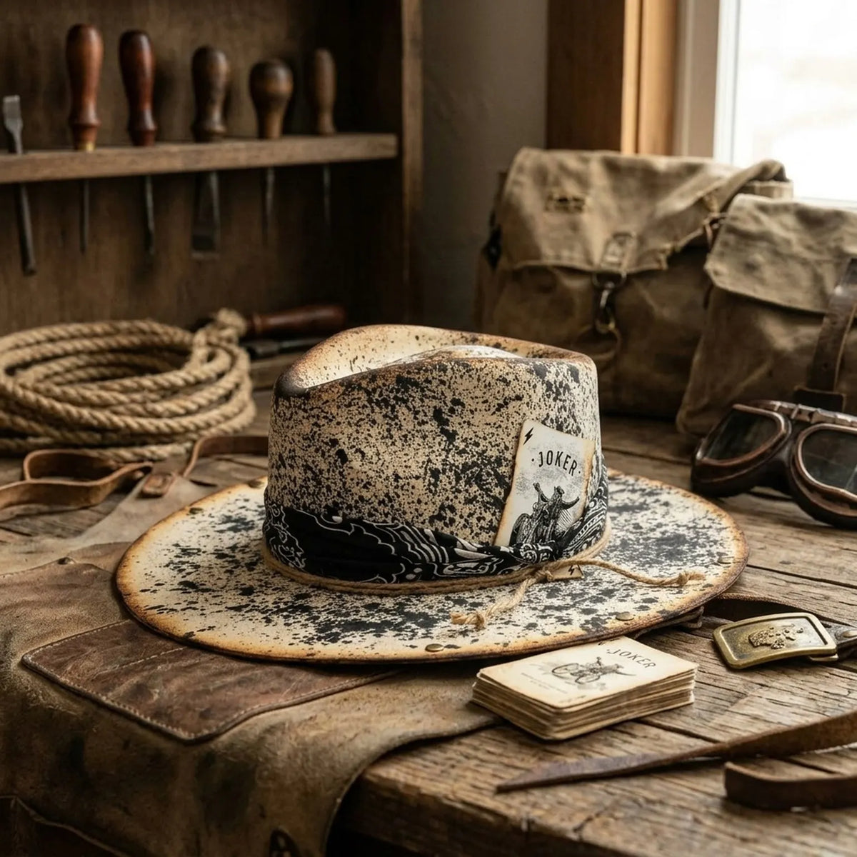 Cream Felt Fedora with Joker Playing Card and Bandana Band