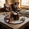 Brown Cowhide Brim Western Hat Feather Cluster Laced Edges Ranch Style