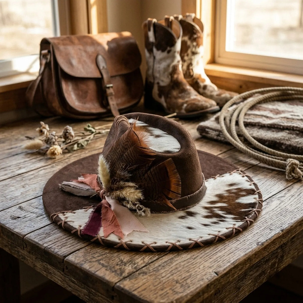 Brown Cowhide Brim Western Hat Feather Cluster Laced Edges Ranch Style
