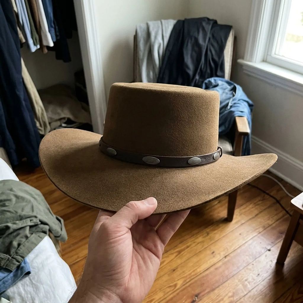Unisex Brown Wool Felt Cowboy Hat with Leather Concho Band