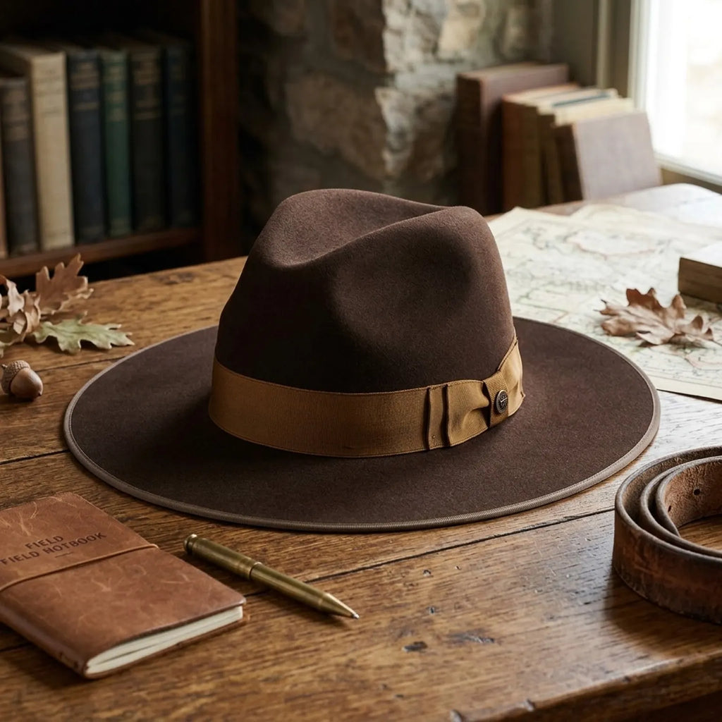 Dark Brown Felt Fedora with Caramel Ribbon and Edge Trim
