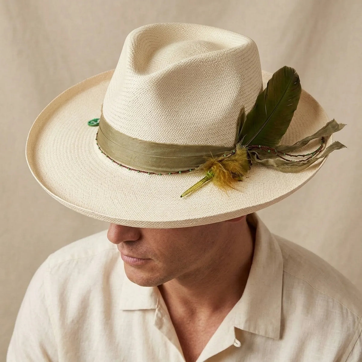 White Straw Panama Hat with Feather and Beads