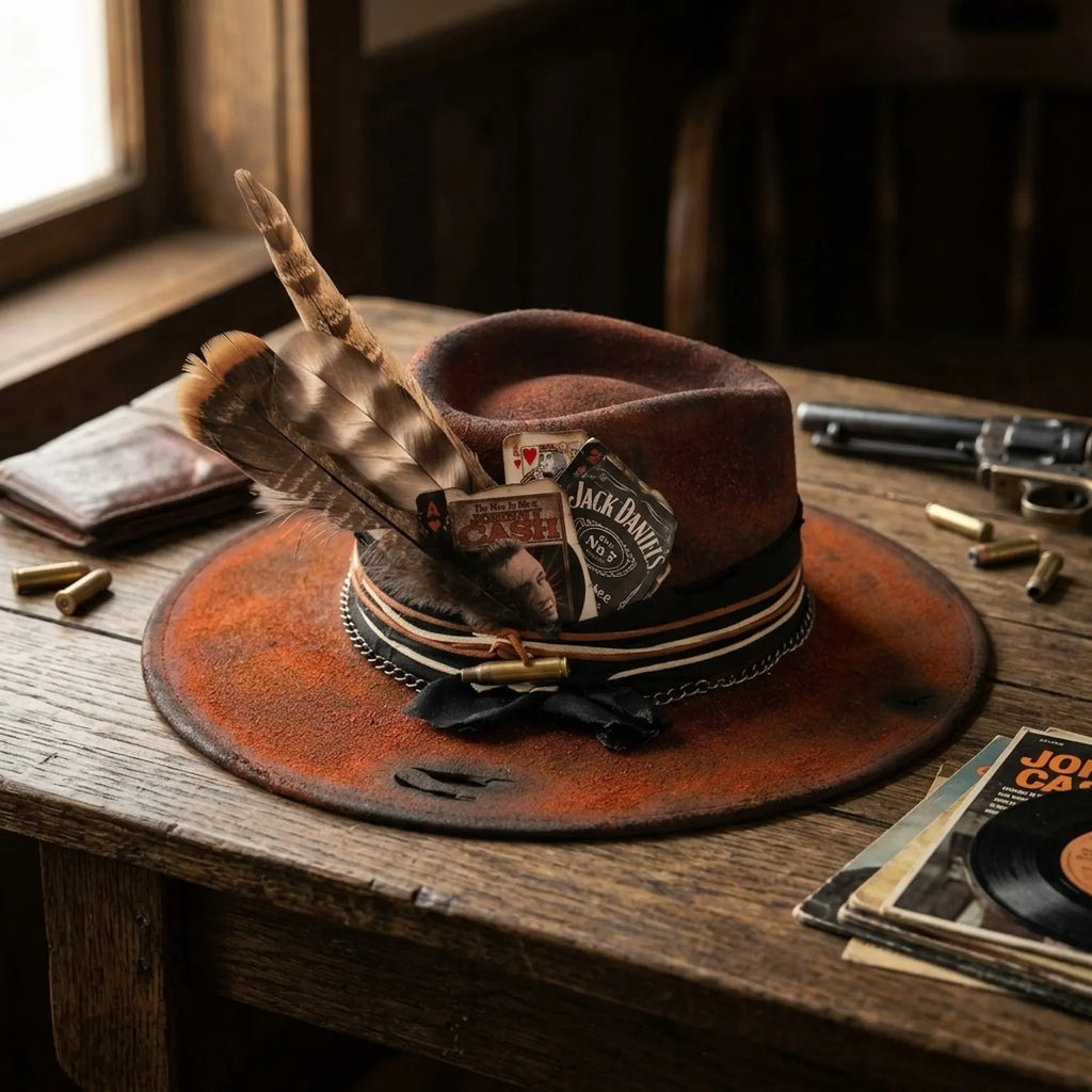 Rust Fedora with Musician Cards, Feathers and Bullet Casing