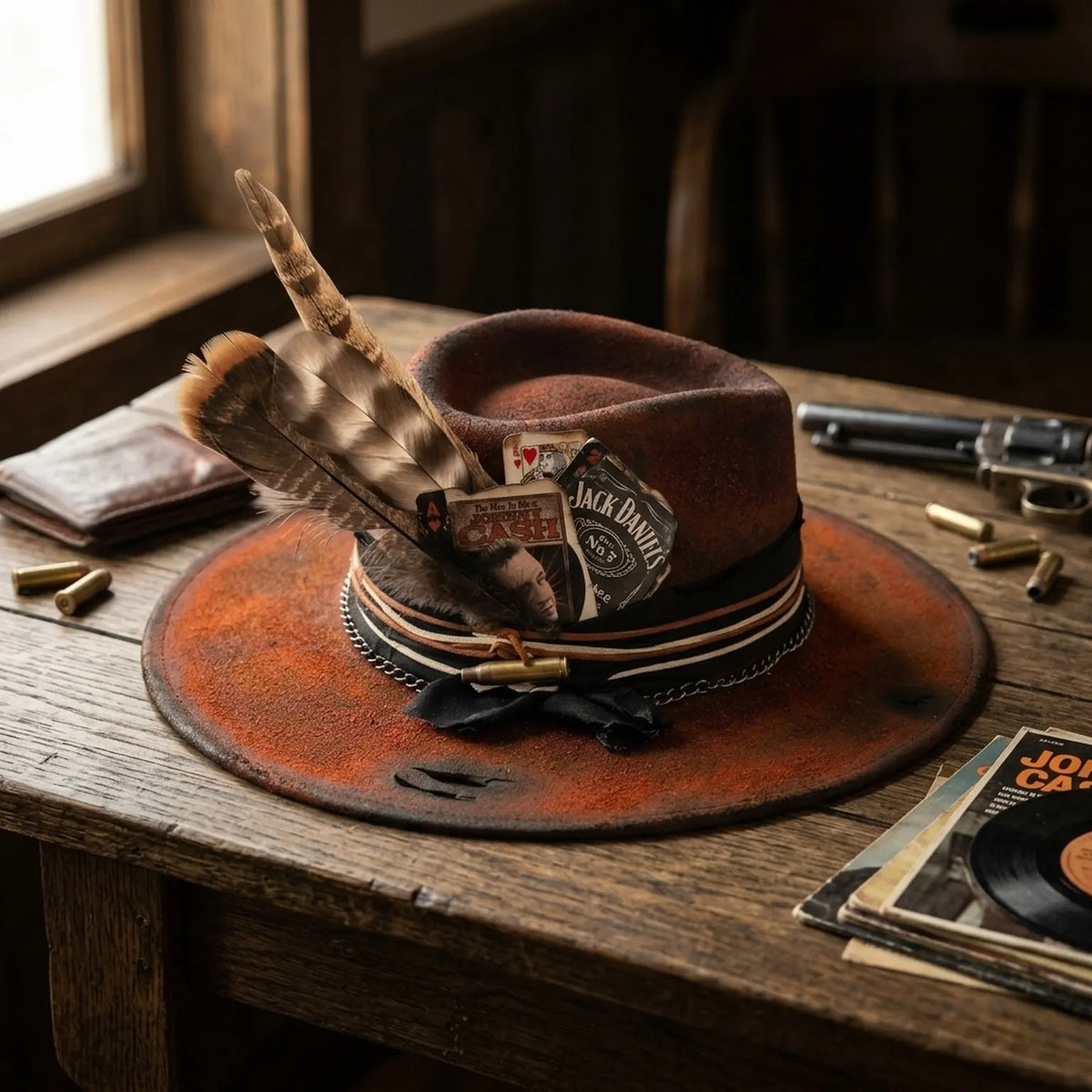 Rust Fedora with Musician Cards, Feathers and Bullet Casing