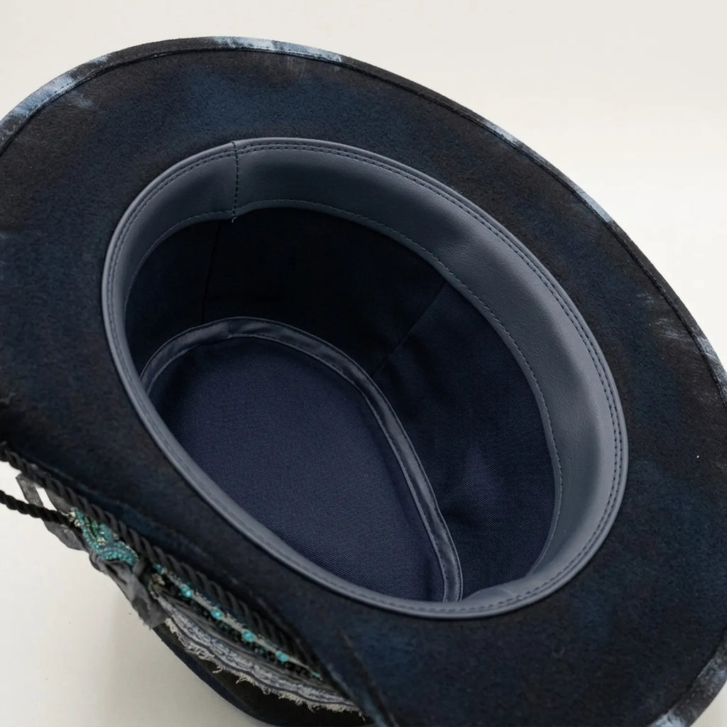 Black Felt Fedora with Tie-Dye Brim Lizard Charm Beaded Trim