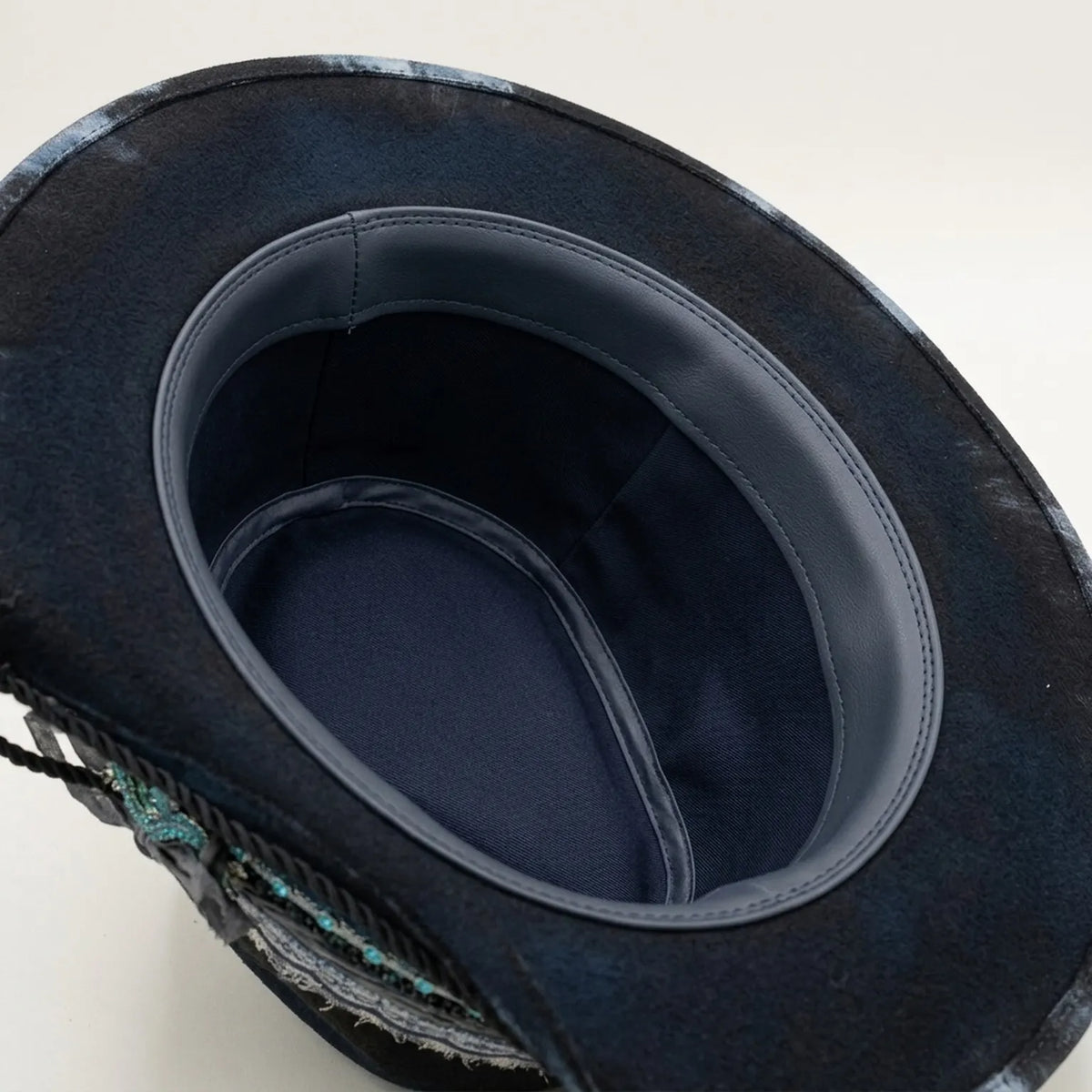 Black Felt Fedora with Tie-Dye Brim Lizard Charm Beaded Trim