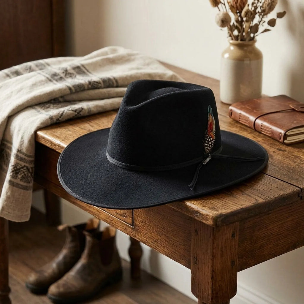 Unisex Black Wool Felt Fedora Hat with Feather Accent Trim