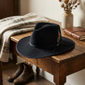 Unisex Black Wool Felt Fedora Hat with Feather Accent Trim