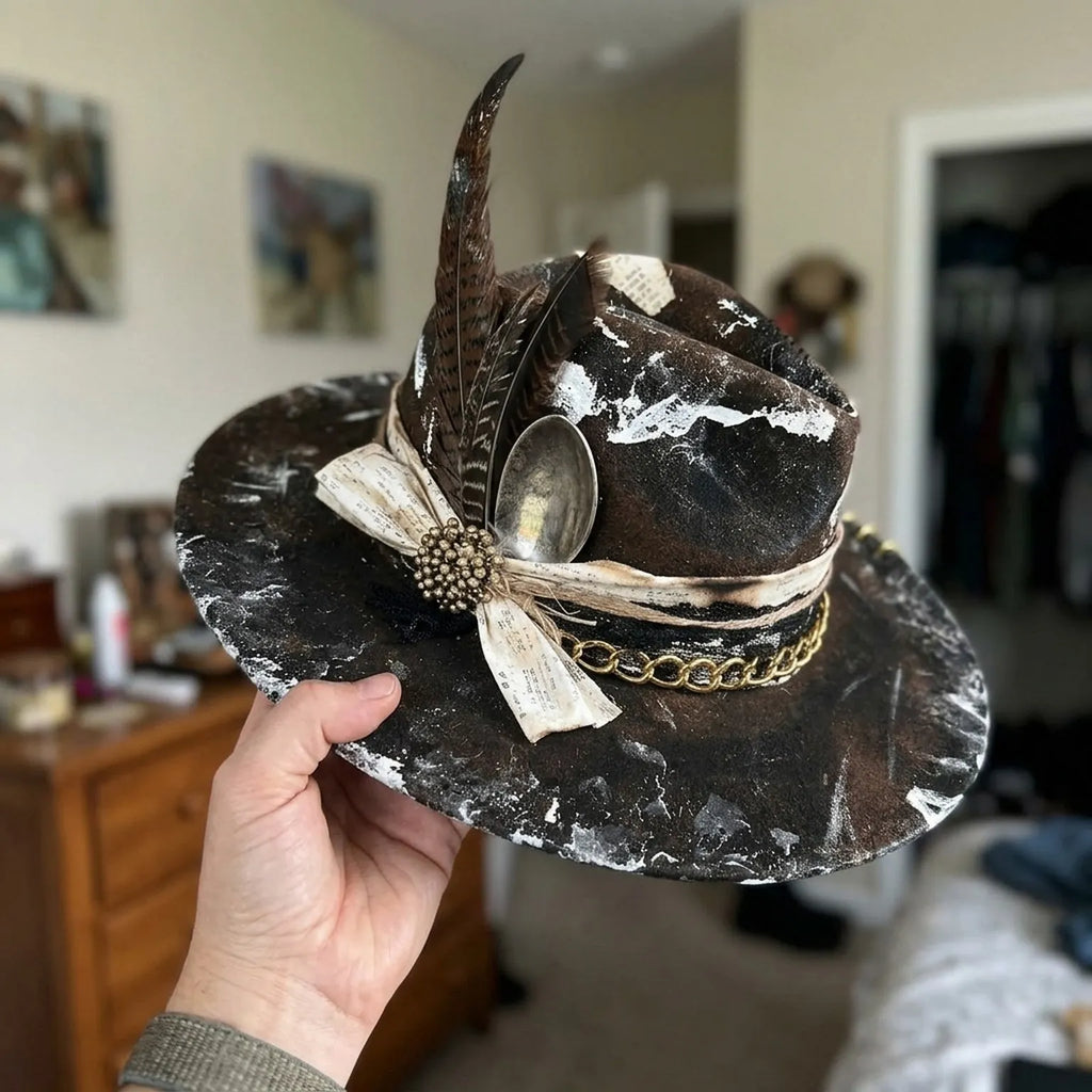 Distressed Brown Felt Western Hat with White Splatter Paint