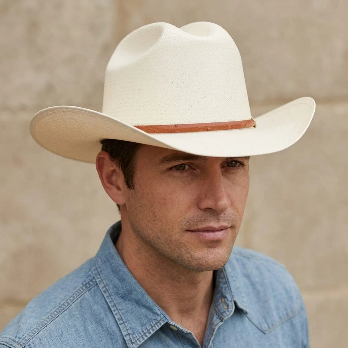 Ivory Straw Cowboy Hat with Brown Leather Band and Detail